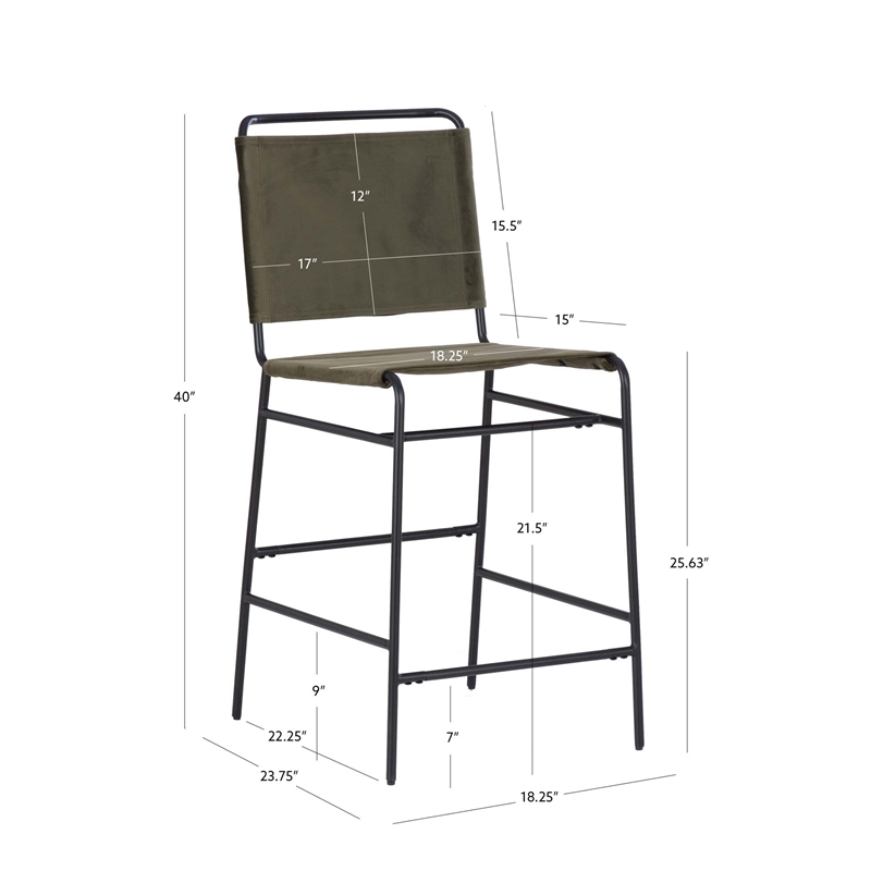 Linon Willey Counter Stool Forest Green Velvet Sling Seat Steel Frame in Black