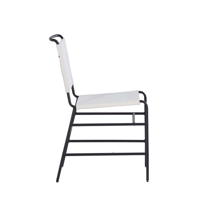 Linon Willey Dining Chair Cream Faux Leather Sling Seat Steel Frame in Black
