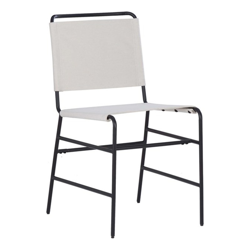 Linon Willey Dining Chair Cream Faux Leather Sling Seat Steel Frame in Black