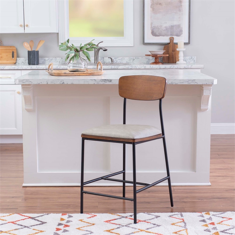 Linon Ryder Counter Stool Cream Faux Leather Padded Seat Steel Frame in Black