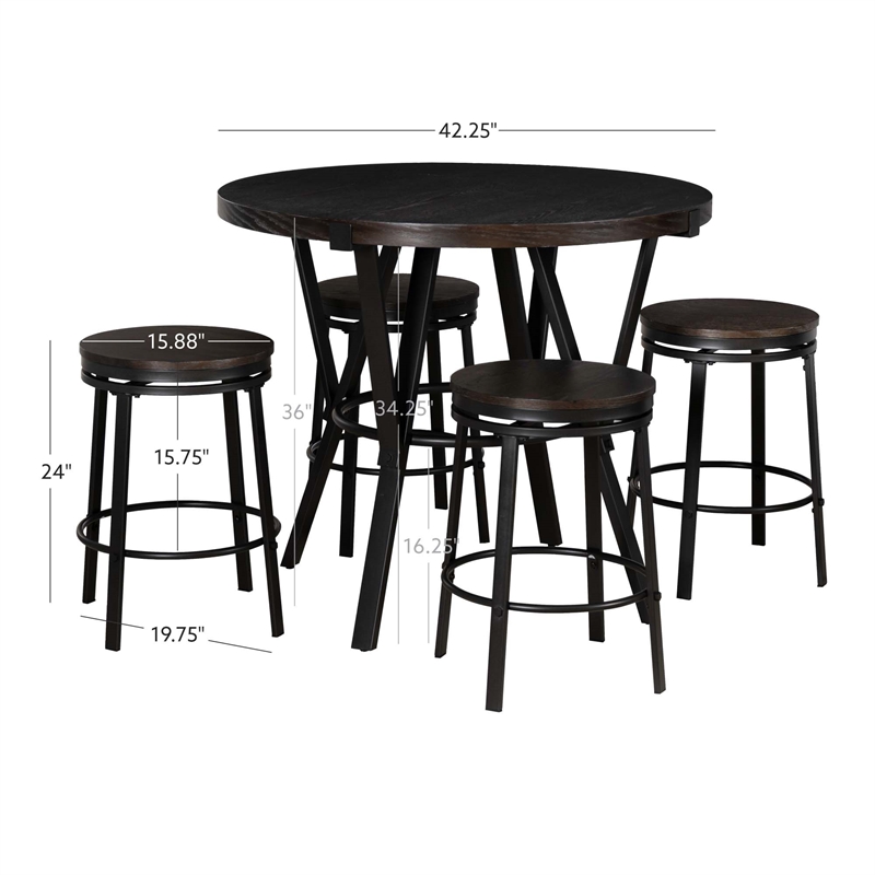 Linon Thorne 5 Pce Round Dining Set Table & 4 Stools Metal Frame in Charcoal
