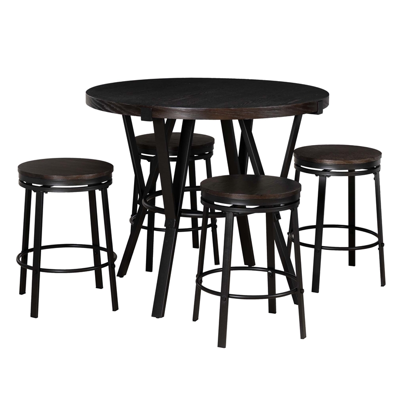 Linon Thorne 5 Pce Round Dining Set Table & 4 Stools Metal Frame in Charcoal