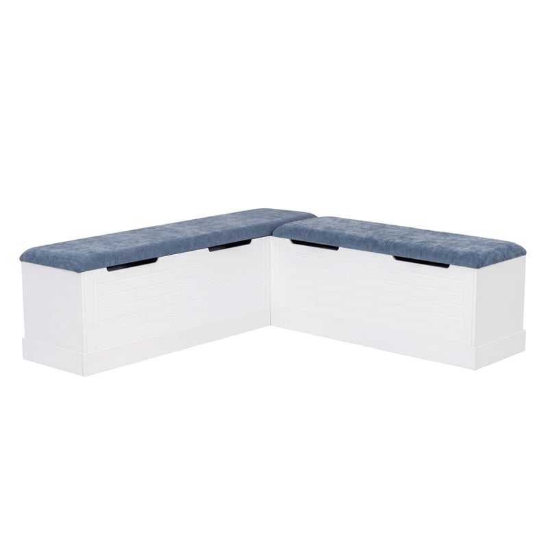Linon Cleo Backless Storage Nook Blue Microfiber Upholstered Seats in White Wood