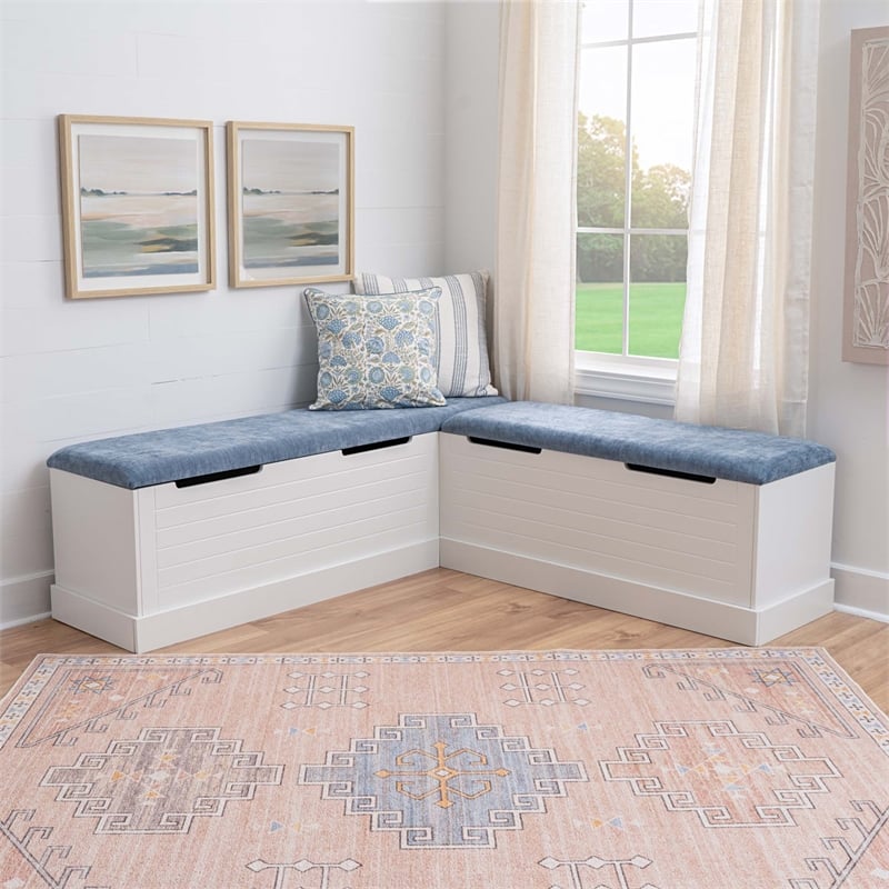 Linon Cleo Backless Storage Nook Blue Microfiber Upholstered Seats in White Wood