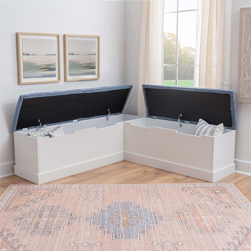 Linon Cleo Backless Storage Nook Blue Microfiber Upholstered Seats in White Wood