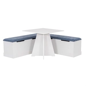 Linon Cleo 3 Pce Blue Upholstered Storage Nook Set & Square Table in White Wood
