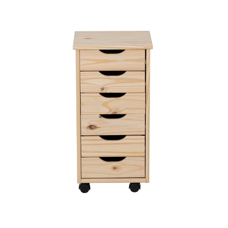 Callie 6 Drawer Rolling Storage Cart Recessed Handles in Unfinished Pine Wood