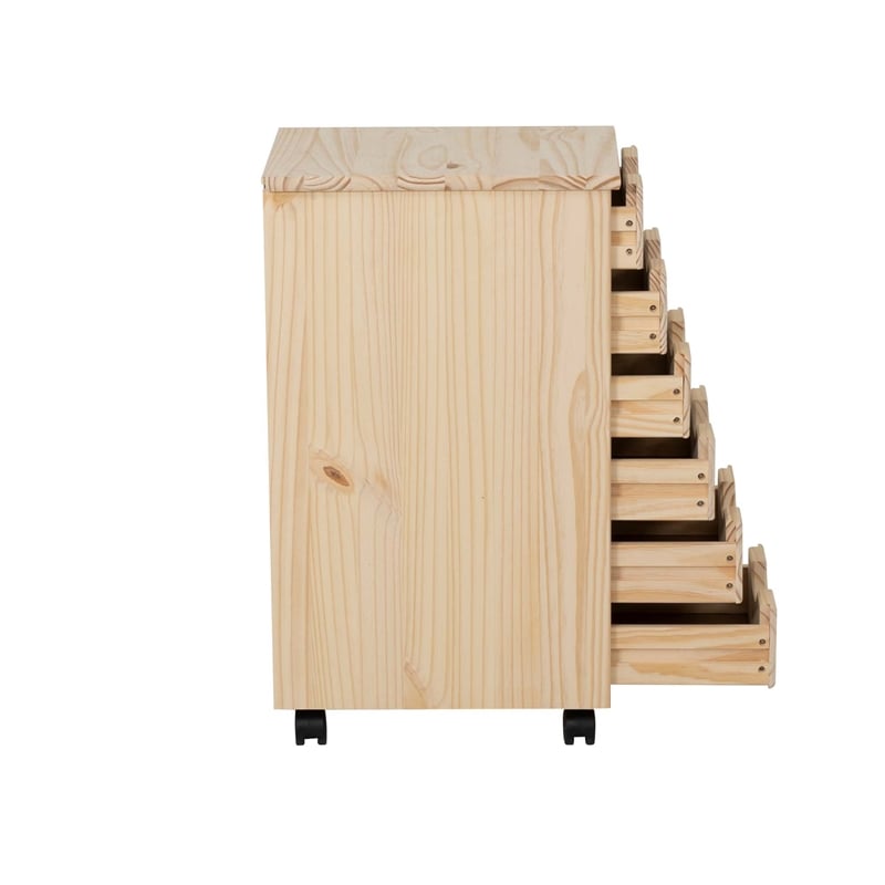 Callie 6 Drawer Rolling Storage Cart Recessed Handles in Unfinished Pine Wood