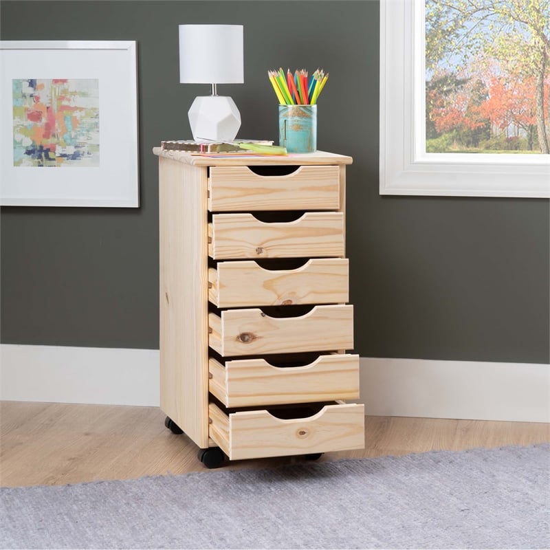Callie 6 Drawer Rolling Storage Cart Recessed Handles in Unfinished Pine Wood