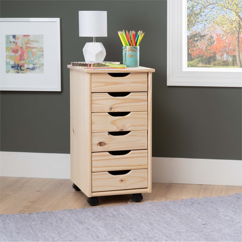 Callie 6 Drawer Rolling Storage Cart Recessed Handles in Unfinished Pine Wood