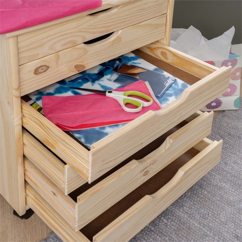 Callie 6 Drawer Wide Rolling Storage Cart in Sturdy Unfinished Pine Wood