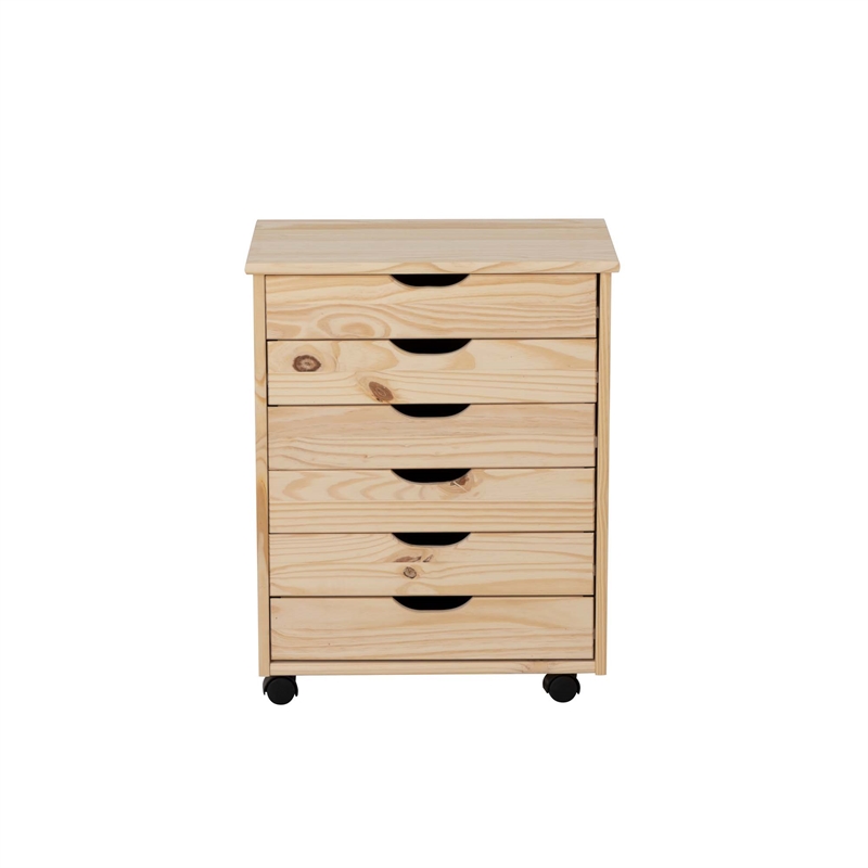 Callie 6 Drawer Wide Rolling Storage Cart in Sturdy Unfinished Pine Wood