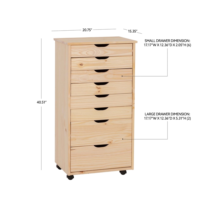 Callie 8 Drawer Rolling Storage Cart Recessed Handles in Unfinished Pine Wood