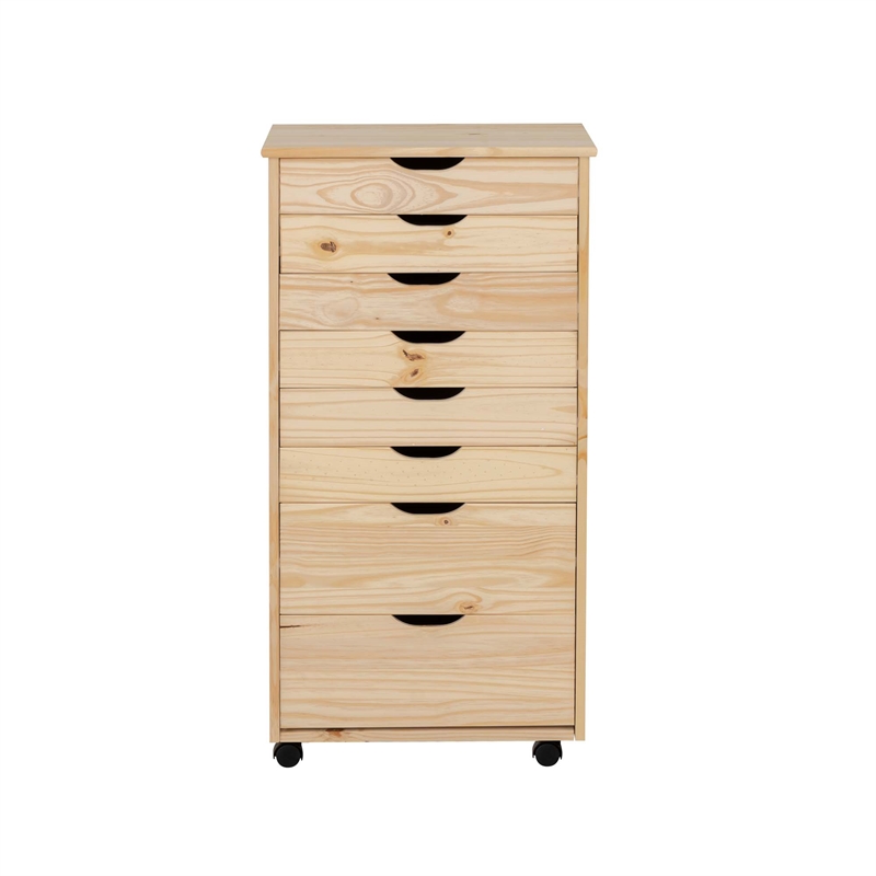 Callie 8 Drawer Rolling Storage Cart Recessed Handles in Unfinished Pine Wood