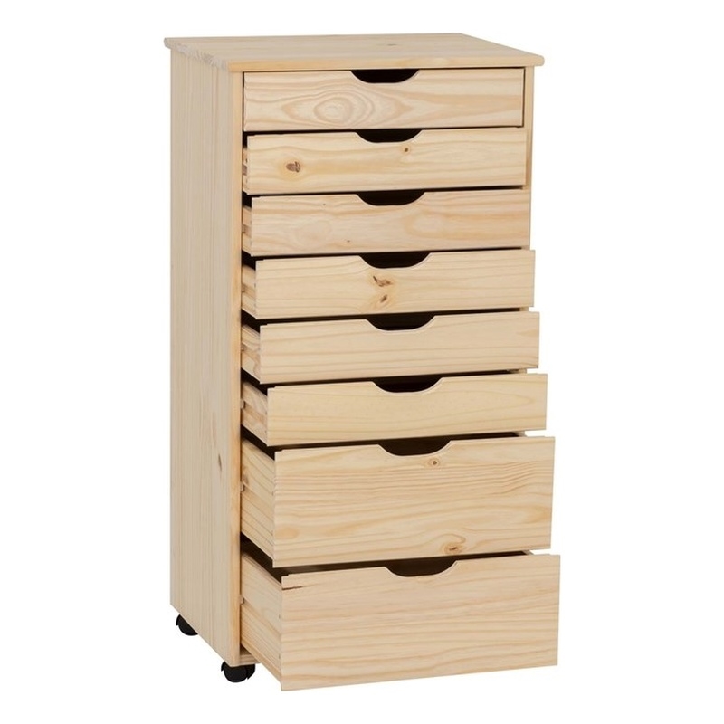 Callie 8 Drawer Rolling Storage Cart Recessed Handles in Unfinished Pine Wood