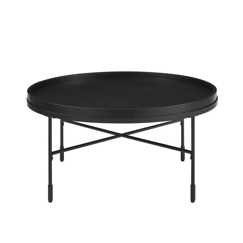 Linon Sandy Round Coffee Table Matte Black Wooden Top with Base in Black Steel
