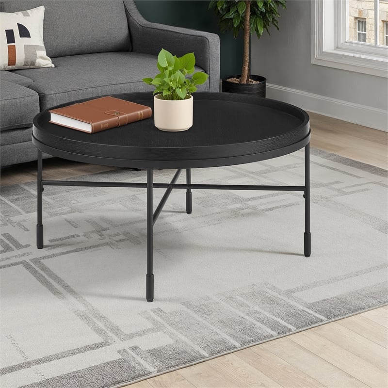 Linon Sandy Round Coffee Table Matte Black Wooden Top with Base in Black Steel