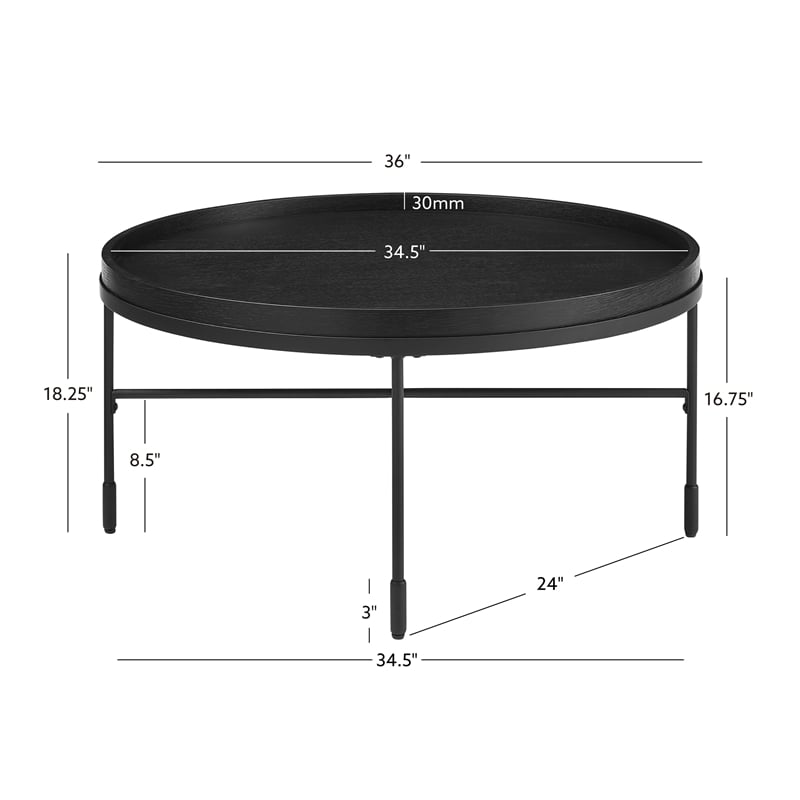 Linon Sandy Round Coffee Table Matte Black Wooden Top with Base in Black Steel