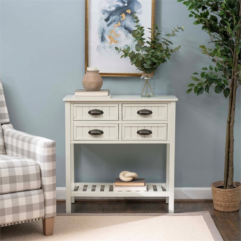 Linon Laine Beadboard Console 4 Drawers Lower Shelf in Antique White Wood