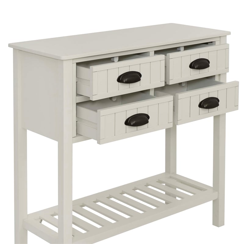 Linon Laine Beadboard Console 4 Drawers Lower Shelf in Antique White Wood