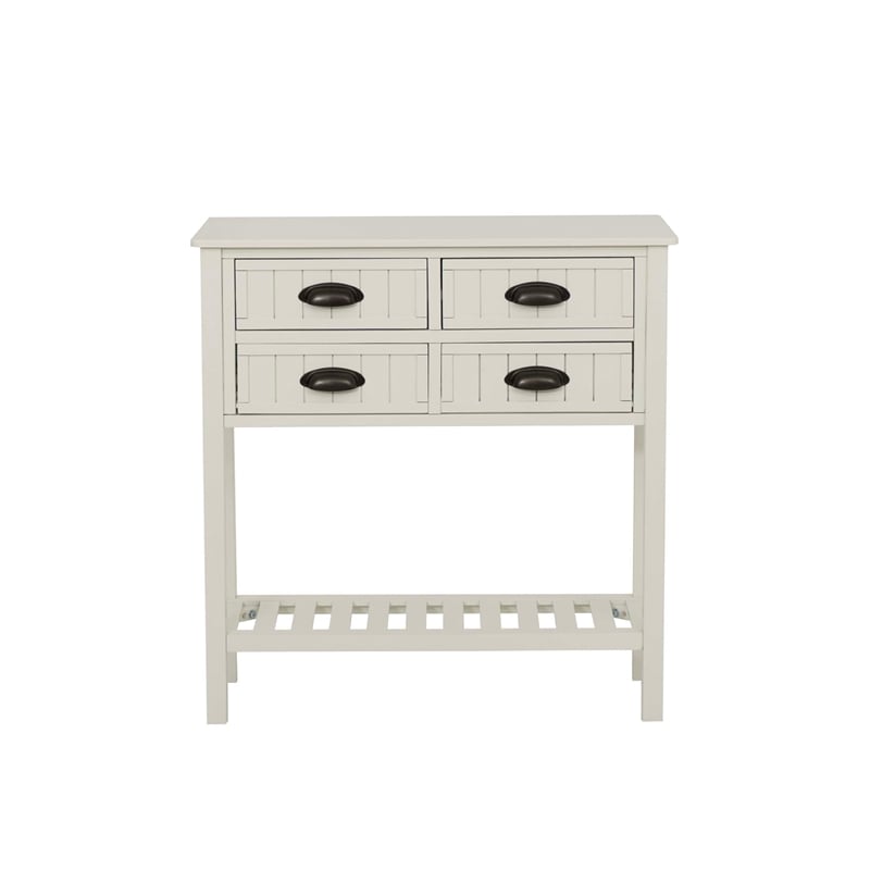 Linon Laine Beadboard Console 4 Drawers Lower Shelf in Antique White Wood
