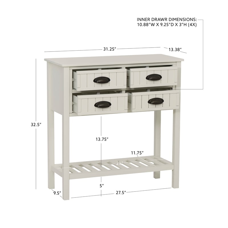 Linon Laine Beadboard Console 4 Drawers Lower Shelf in Antique White Wood