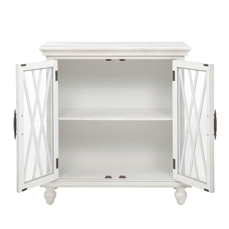 Linon Kelcey Storage Cabinet Windowpane Glass Doors in Creamy White Wood
