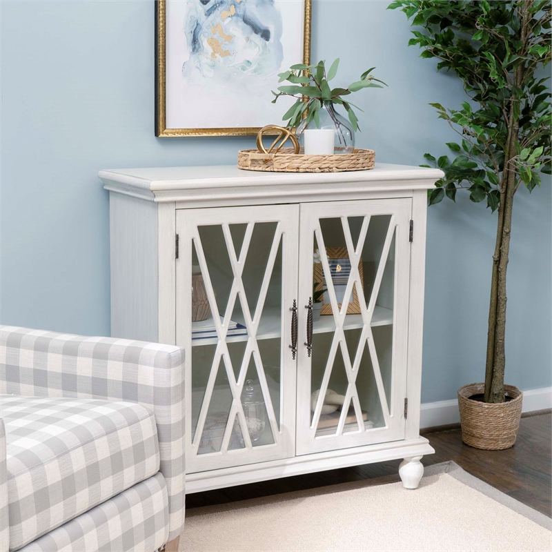 Linon Kelcey Storage Cabinet Windowpane Glass Doors in Creamy White Wood