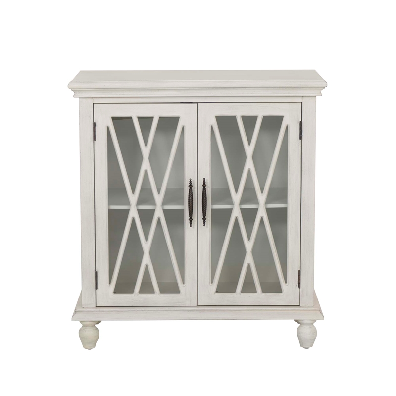 Linon Kelcey Storage Cabinet Windowpane Glass Doors in Creamy White Wood
