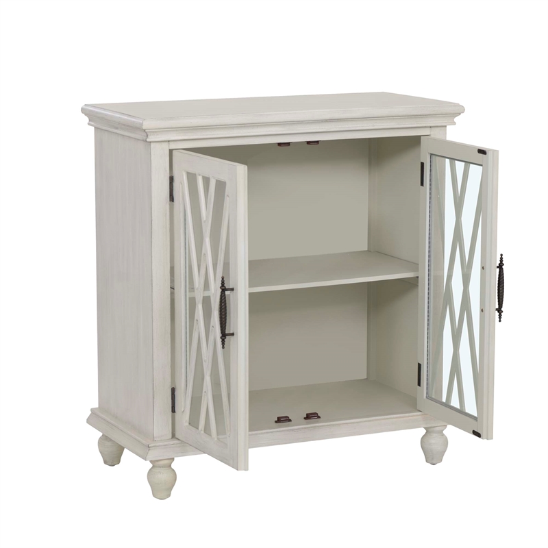 Linon Kelcey Storage Cabinet Windowpane Glass Doors in Creamy White Wood