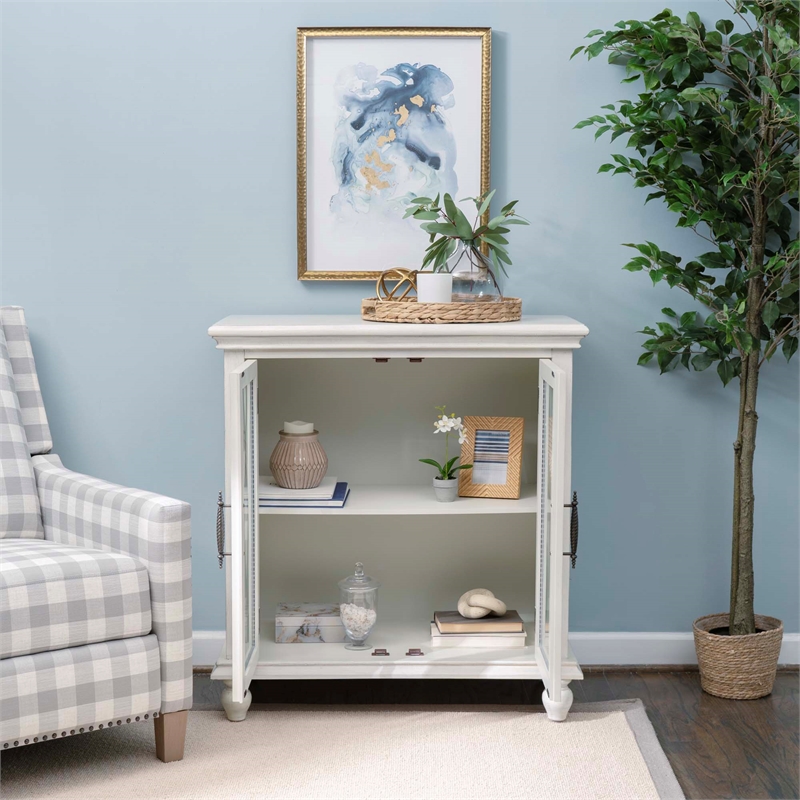 Linon Kelcey Storage Cabinet Windowpane Glass Doors in Creamy White Wood
