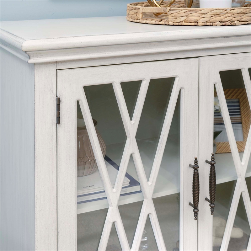 Linon Kelcey Storage Cabinet Windowpane Glass Doors in Creamy White Wood