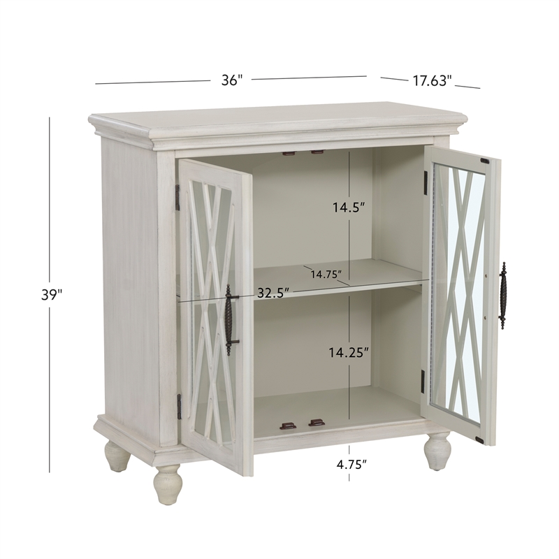 Linon Kelcey Storage Cabinet Windowpane Glass Doors in Creamy White Wood