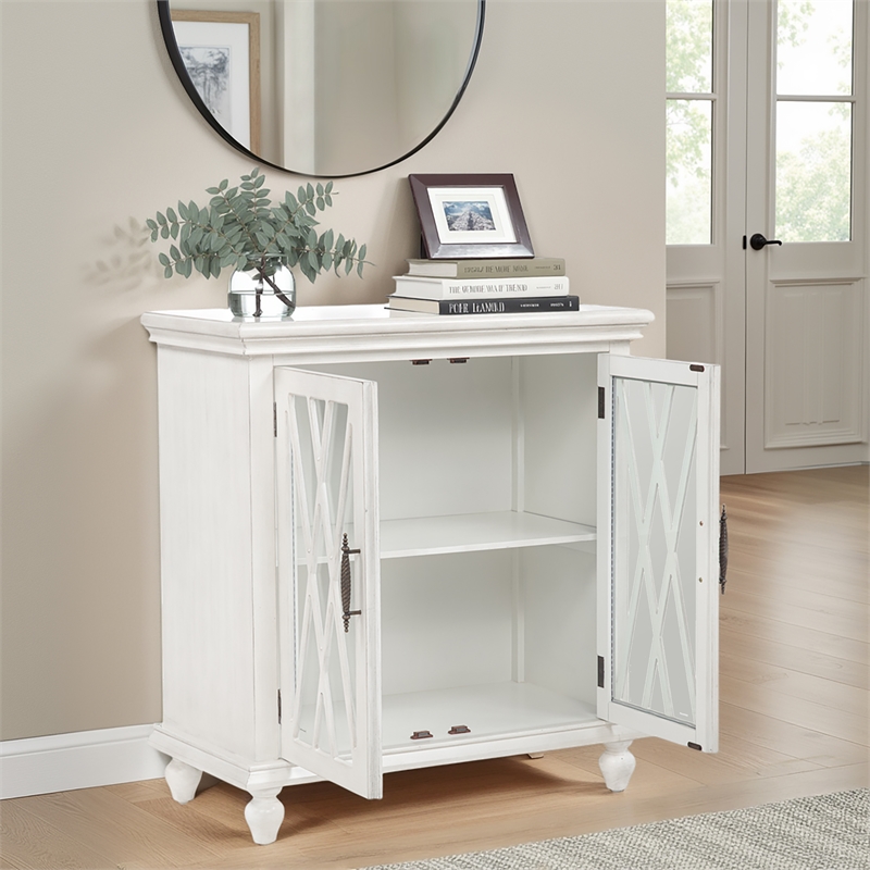 Linon Kelcey Storage Cabinet Windowpane Glass Doors in Creamy White Wood