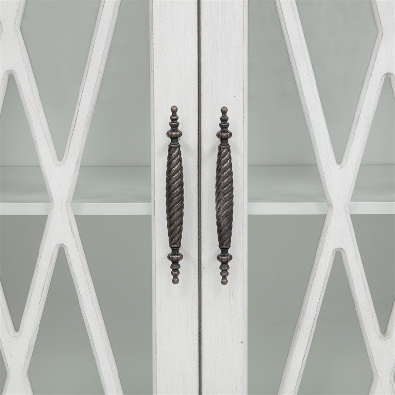 Linon Kelcey Storage Cabinet Windowpane Glass Doors in Creamy White Wood