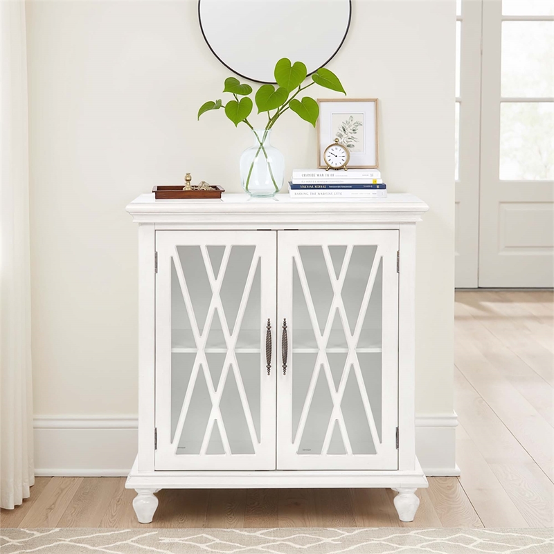 Linon Kelcey Storage Cabinet Windowpane Glass Doors in Creamy White Wood