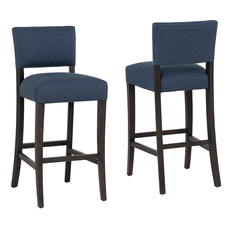 Linon Kari Set of 2 Blue Fully Upholstered Barstools in Dark Brown Stained Wood