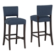 Linon Kari Set of 2 Blue Fully Upholstered Barstools in Dark Brown Stained Wood