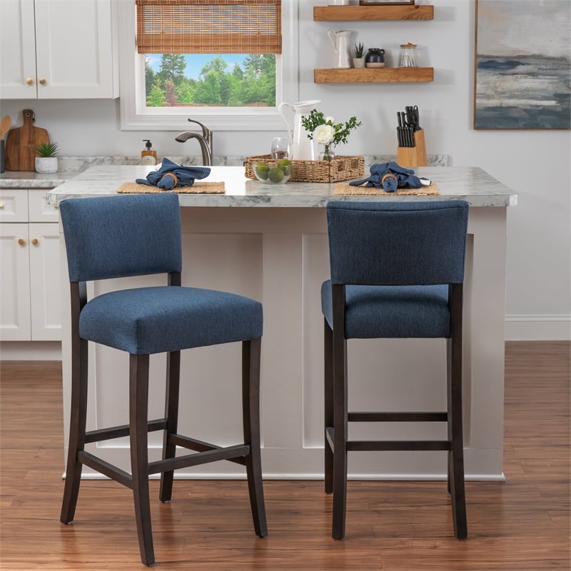 Linon Kari Set of 2 Blue Fully Upholstered Barstools in Dark Brown Stained Wood