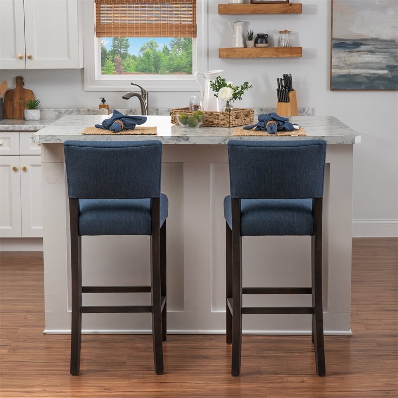Linon Kari Set of 2 Blue Fully Upholstered Barstools in Dark Brown Stained Wood