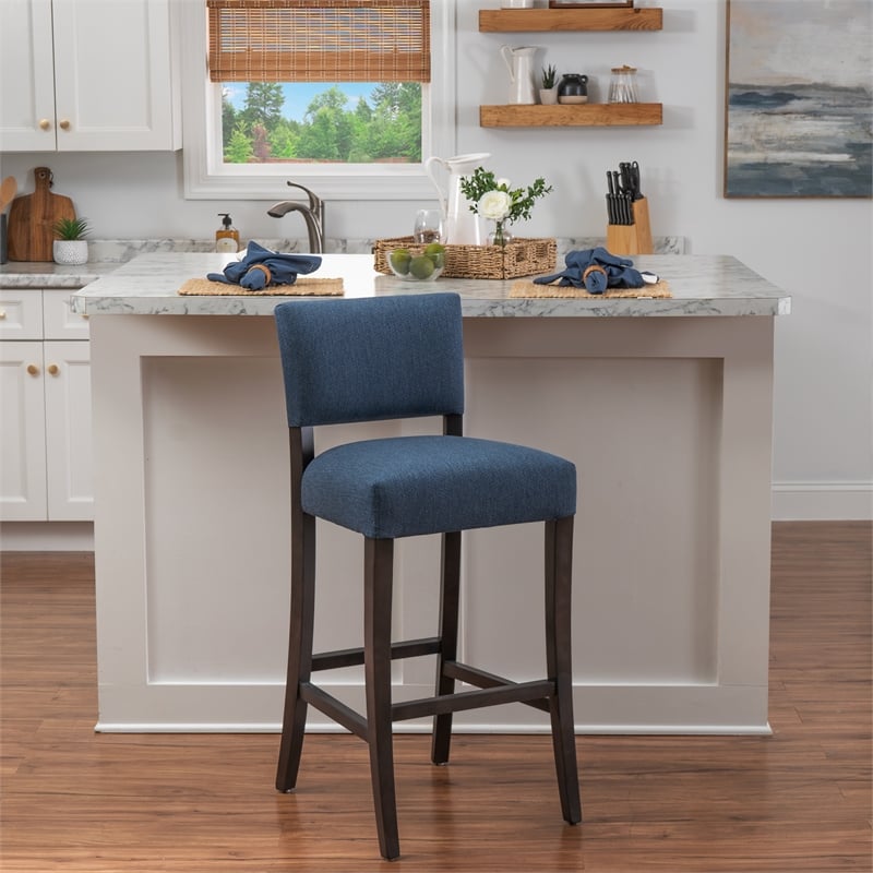 Linon Kari Set of 2 Blue Fully Upholstered Barstools in Dark Brown Stained Wood
