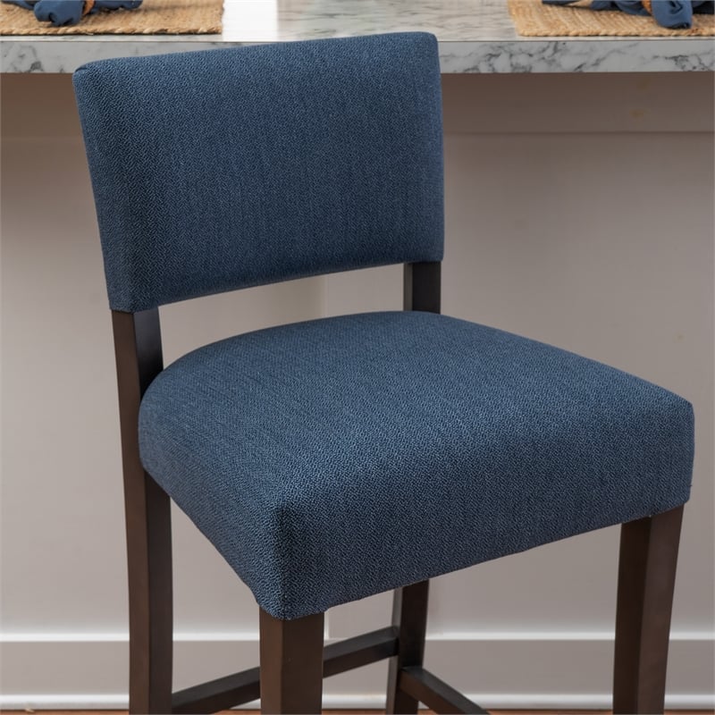 Linon Kari Set of 2 Blue Fully Upholstered Barstools in Dark Brown Stained Wood