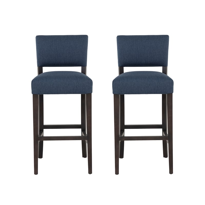 Linon Kari Set of 2 Blue Fully Upholstered Barstools in Dark Brown Stained Wood