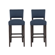 Linon Kari Set of 2 Blue Fully Upholstered Barstools in Dark Brown Stained Wood