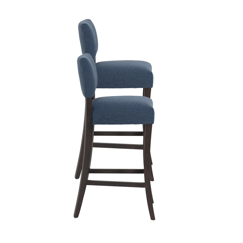 Linon Kari Set of 2 Blue Fully Upholstered Barstools in Dark Brown Stained Wood