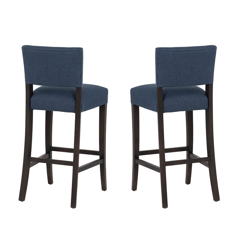 Linon Kari Set of 2 Blue Fully Upholstered Barstools in Dark Brown Stained Wood
