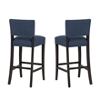 Linon Kari Set of 2 Blue Fully Upholstered Barstools in Dark Brown Stained Wood