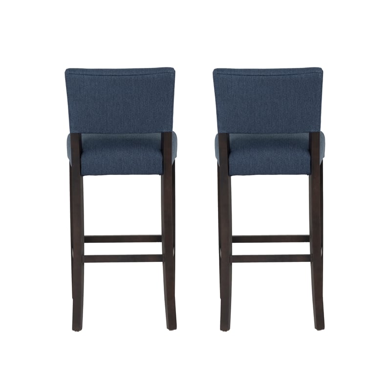 Linon Kari Set of 2 Blue Fully Upholstered Barstools in Dark Brown Stained Wood