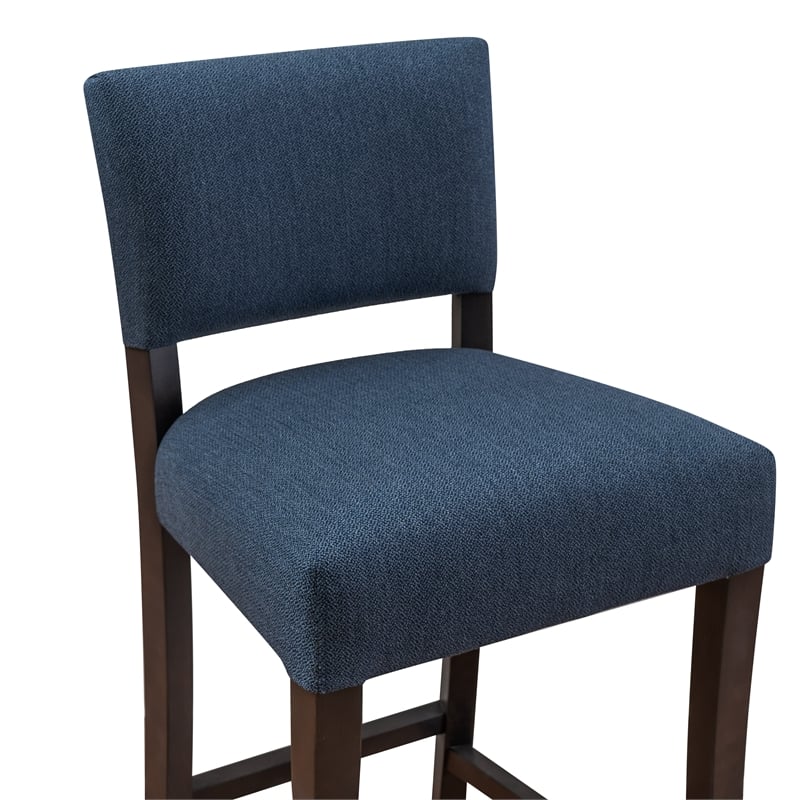 Linon Kari Set of 2 Blue Fully Upholstered Barstools in Dark Brown Stained Wood