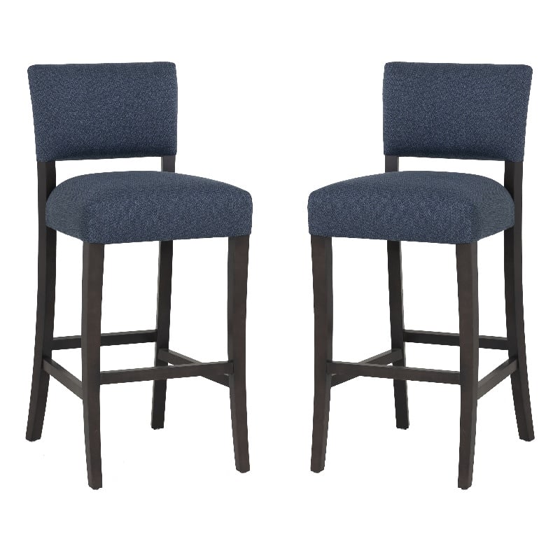 Linon Kari Set of 2 Blue Fully Upholstered Barstools in Dark Brown Stained Wood